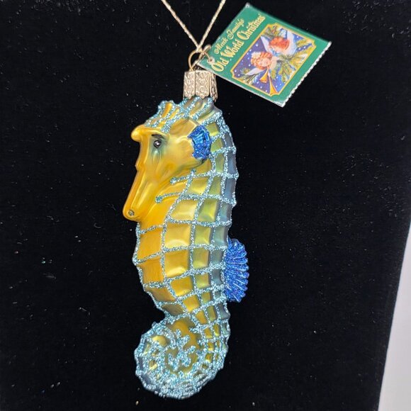 Old World Christmas Blue Seahorse Ornament Glass Blown Hand-Painted Box - Picture 3 of 16